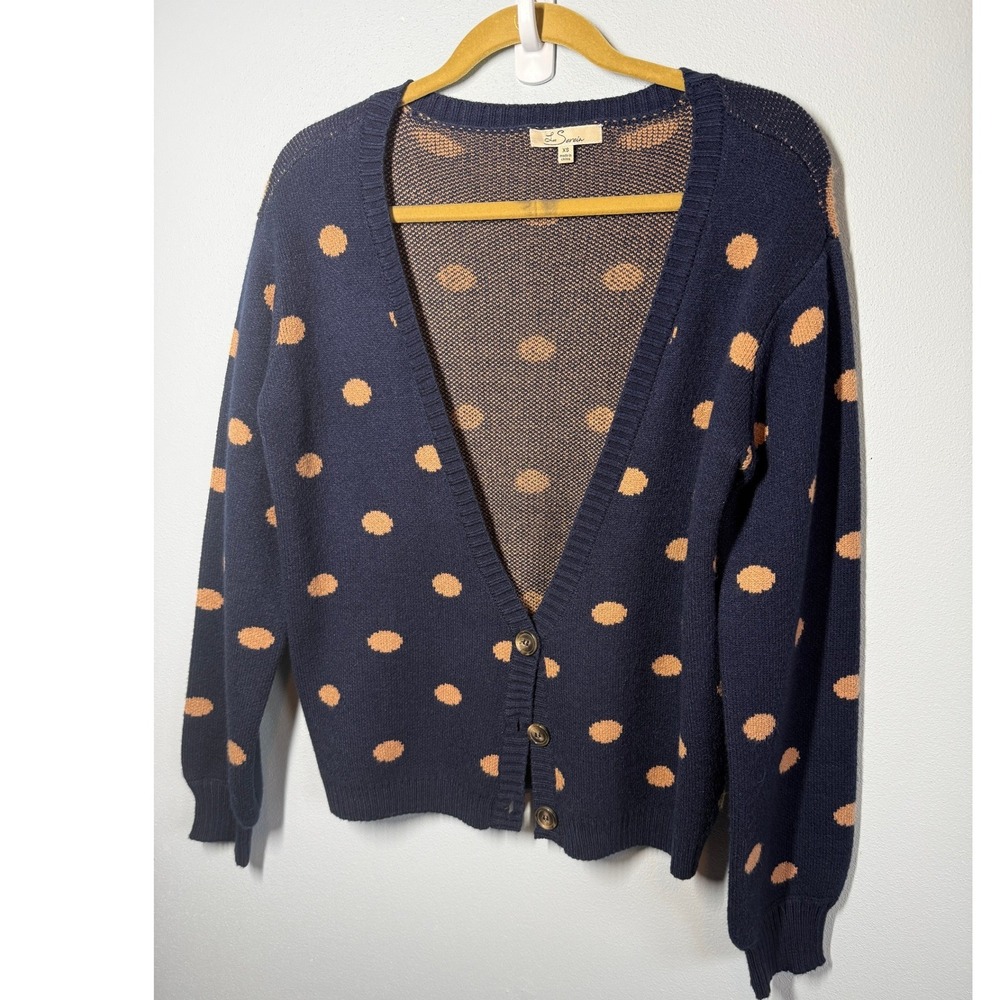 Les Serein Womens Polka Dot V-Neck Cardigan Sweater Navy Blue/Tan XS Soft Cozy